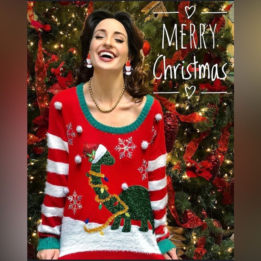 33 Degrees Sparkly Dinosaur Christmas Sweater Size L
